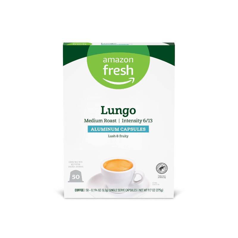 lot 9919 image: Amazon Fresh Espresso Lungo Medium Roast Aluminum Capsules, Compatible with Nespresso Original Brewers, 50 Count (5 Packs of 10)