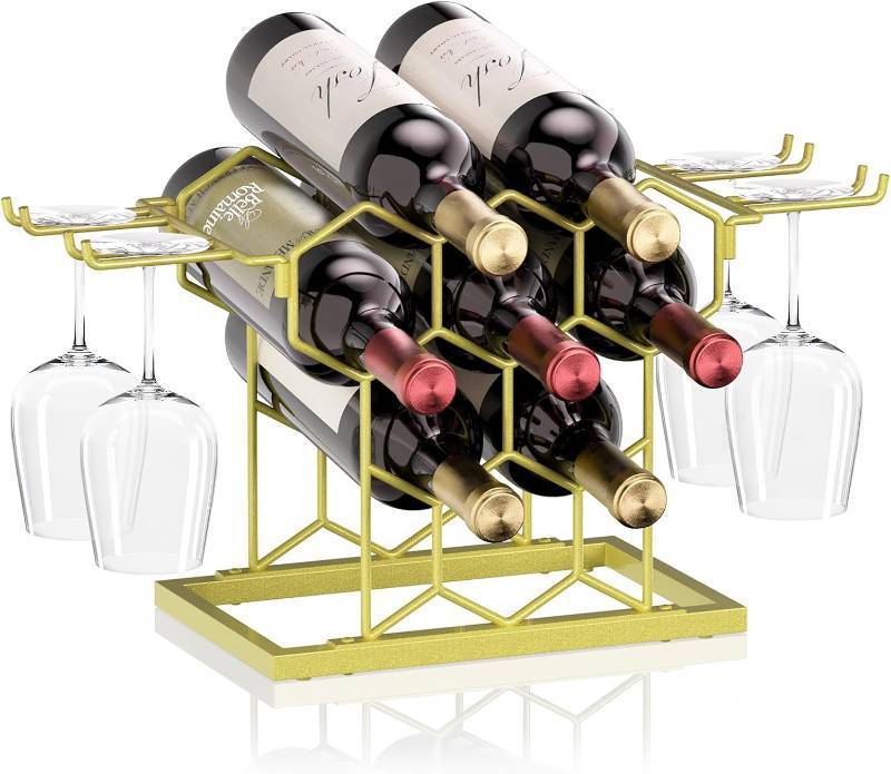 lot 10002 image: B4Life Countertop Wine Rack 3 Tier, Wine Rack with Glass Holder 8 Bottles, Freestanding Small Liquor Holder Metal, Tabletop Bottle Storage Stand for for Home, Kitchen, Bar, Cellar (Gold, 8 Bottles)