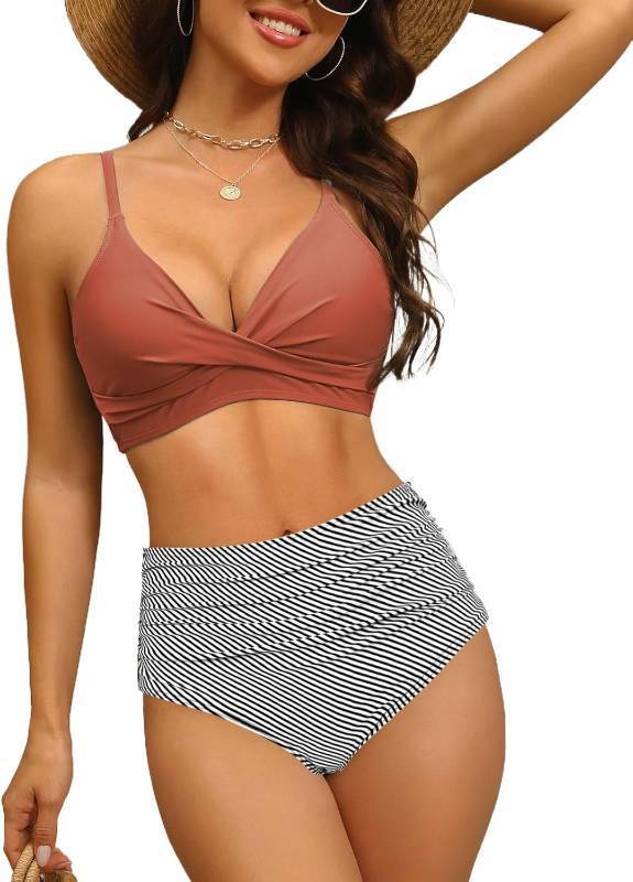 lot 10006 image: Womens High Waisted Bikini Set Push Up V Neck Ruched Bottom Stylish Two Piece Swimsuit Bathing Suit - Size XL