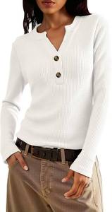 lot 43519 image: Jar of Love Womens Waffle Knit Tops Long Sleeve Shirts Henley Tops V-Neck Button Down Thermal Shirts Fall Outfits White Small