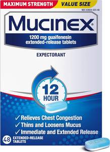 lot 43528 image: Mucinex 12 Hour Maximum Strength 1200 mg Guaifenesin Extended-Release Tablets for Excess Mucus Relief, Expectorant Aids Excess Mucus Removal, Chest Congestion Relief for Adults, 48 Tablets