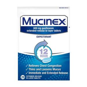 lot 43529 image: Chest Congestion, Mucinex Expectorant 12 Hour Extended Release Tablets, 20 ct