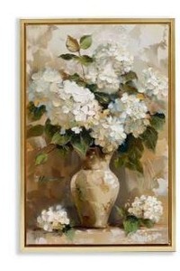 lot 15510 image: Stupell Industries Vintage White Hydrangeas by LSR Design Studio Gold Floater Frame Nature Graphic Art Print 31 in. x 21 in
