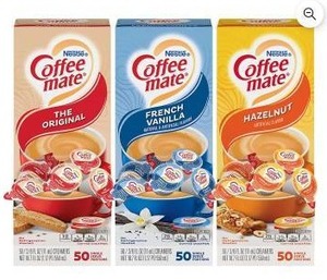lot 15588 image: Coffee Mate Creamer Singles Variety Pack, Original, French Vanilla, Hazelnut, 300 Total Count, 2 Boxes, BB 32026
