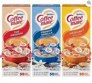 lot 15599 image: Coffee Mate Creamer Singles Variety Pack, Original, French Vanilla, Hazelnut, 300 Total Count, 2 Boxes, BB 32026
