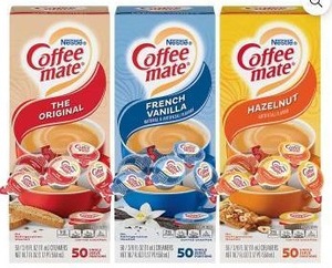 lot 15606 image: Coffee Mate Creamer Singles Variety Pack, Original, French Vanilla, Hazelnut, 300 Total Count, 2 Boxes, BB 32026