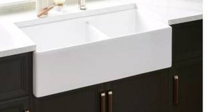 lot 15630 image: Signature Hardware 36 x 18 x 10 Fireclay Farmhouse Double Bowl Sink- Retail $799
