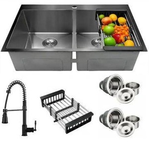 lot 15646 image: AKDY All-in-One Gunmetal Matte Black Finish Stainless Steel 33 in. Double Bowl Drop-In Kitchen Sink with Kitchen Faucet- Retail $695