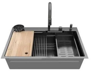 lot 15651 image: 33.2 in. W Drop-In Single Bowl Matte Black Stainless Steel Kitchen Sink Workstation Set With Waterfall, Pull-Down Faucet- Retail $324