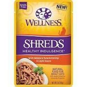 lot 3029 image: Wellness Healthy Indulgence Natural Grain Free Shreds with Tuna & Shrimp in Light Sauce Wet Cat Food, 3 Oz., Case of 12 BB MAR 2026