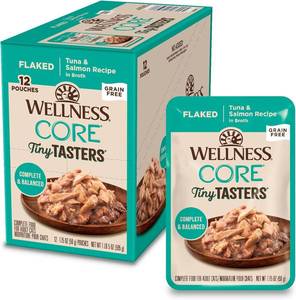 lot 3059 image: Wellness CORE Tiny Tasters Flaked Adult Wet Cat Food, Natural, Protein Rich, Grain Free, Tuna and Salmon Recipe, 1.75 oz, Pack of 12 Pouches MAY 2026