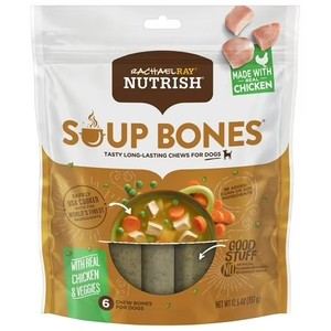 lot 3086 image: Rachael Ray Nutrish Soup Bones Dog Treats, Real Chicken & Veggies Flavor, 12.6oz, 6 bones. BB JAN 26
