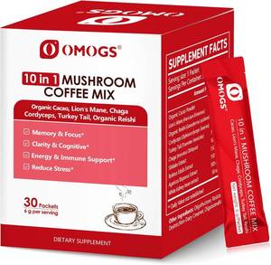 lot 3159 image: OMOGS Mushroom Coffee, 10 in 1 Extract Powder Blend Lions Mane, Reishi, Cordyceps, Chaga, Turkey Tail, Instant Coffee-for Energy, Focus, Memory, Digestion & Immunity, 30 Serving. BB NOV 27
