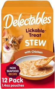 lot 3165 image: Delectables Non-Seafood Stew Lickable Wet Cat Treats, Chicken, 1.4 oz (Pack of 12) BB OCT 26