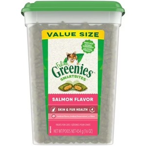 lot 3198 image: Greenies Salmon Flavor Soft Crunchy Treats For Cats, 16 Oz Tub BB AUG 25
