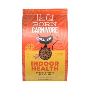 lot 3216 image: Tiki Cat Born Carnivore Indoor Health Dry Cat Food, Chicken & Turkey Meal, 12 lbs. Bag. BB OCT 27