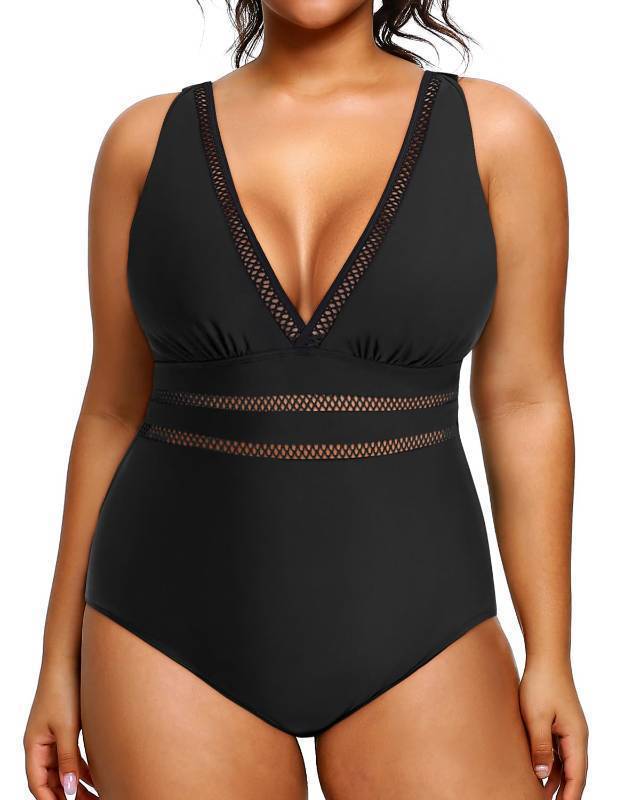 lot 2044 image: Daci Women Black Plus Size One Piece Swimsuits Plunge Sexy V Neck Bathing Suit Hollowed Swimwear 26W - Retail $20