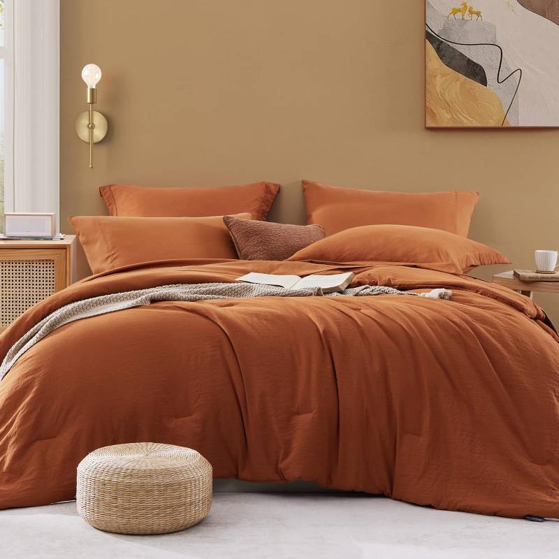 lot 3019 image: WRENSONGE Oversized Queen Comforter Set - 7 Pieces Burnt Orange Bed in a Bag Queen with Sheets, 2 Pillow Shams, and 2 Pillowcases- Warm Bedding Sets Queen for All Season - Retail $55