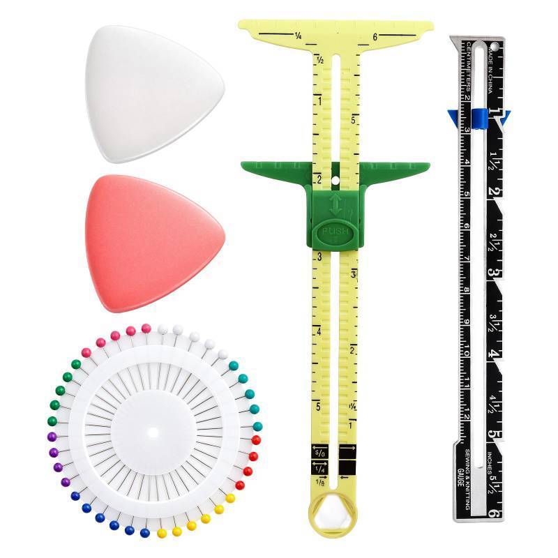 lot 3021 image: 5-in-1 Sewing Gauge & Seam Ruler Set 5 Pcs - 5-in-1 Sliding Marker & Seam Gauge Ruler, Sewing Rulers Tool Fabric Quilting Measuring Tool for Hemming, Buttonholes, Quilting, Knitting - Retail $6