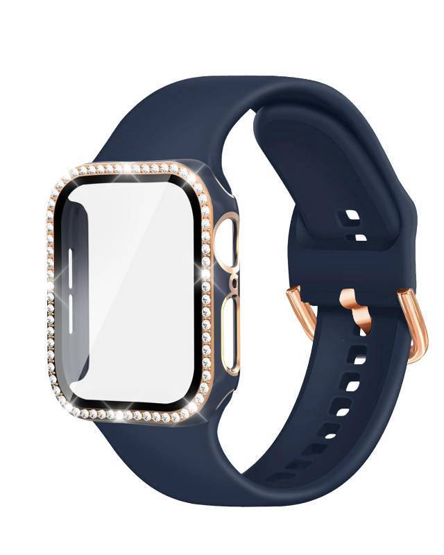 lot 3090 image: Compatible with Apple Watch Band and Case 38mm 40mm 41mm 42mm 44mm 45mm Women, Soft Silicone Bands and Bling Diamond Case & Glass Screen Protector for iWatch Series 9 8 7 6 5 4 3 2 1 and SE (Blue, 40mm) - Retail $10