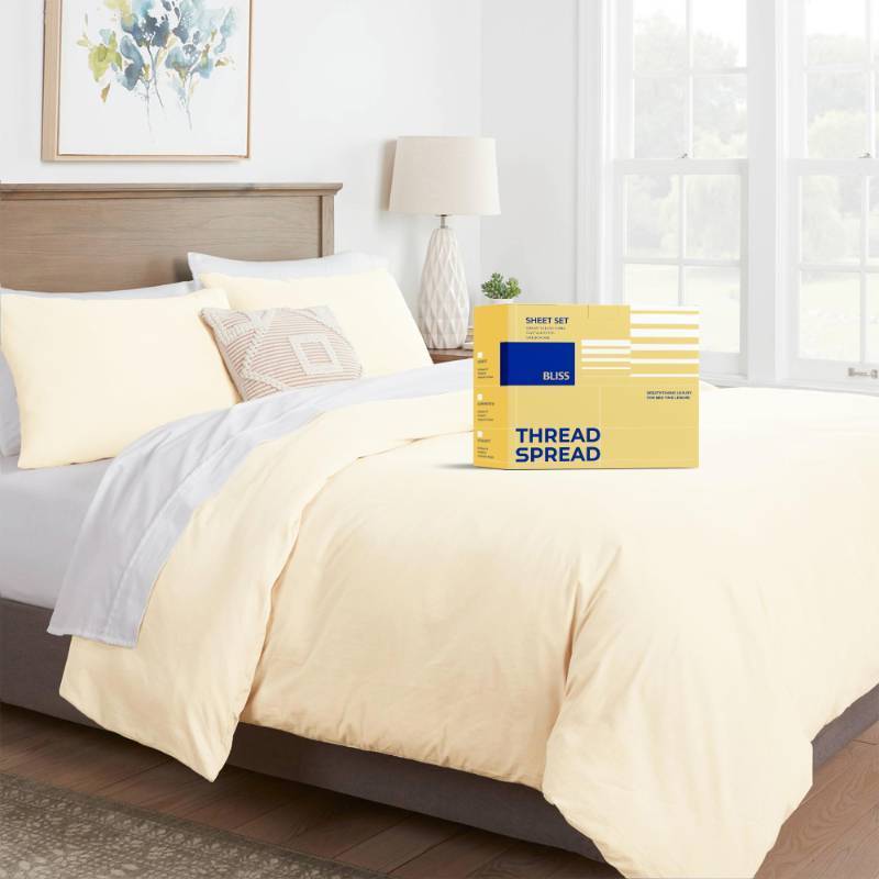 lot 3221 image: THREAD SPREAD QueenFull Duvet Cover, 600 Series Bliss Collection Sateen 3Pc Egyptian Cotton Duvet Cover Set, 100% Pure Cotton, 2 Pillow Shams, Zipper Closure, 7 Corner Ties (Ivory) - Retail $65