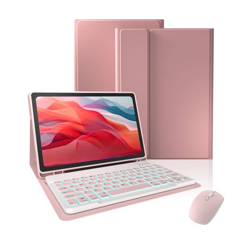 lot 3289 image: Keyboard Case for Samsung Galaxy Tab A8 10.5-inch 2022 (SM-X200, SM-X205) Galaxy Tab A8 Case with 7-Color Backlit, Detachable Wireless Bluetooth Keyboard Case Built-in Pencil Holder with Mouse.(Pink) - Retail $24