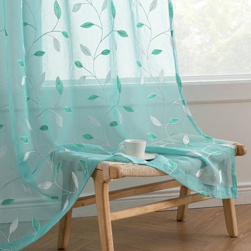lot 3302 image: MIULEE Turquoise Sheer Curtains 2 Panels Embroidered Leaf Patterned Rod Pocket Floral Semi Sheer Faux Linen Window Curtains Drapes Set for Living Room Bedroom Dining Room, 52x84 Inches Long - Retail $27