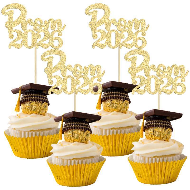 lot 3335 image: Gyufise 24Pcs Prom 2026 Cupcake Toppers Glitter Class of 2026 Cake Decorations Prom 2026 Graduation Cupcake Picks for 2026 College Graduation Party Decorations Gold - Retail $7