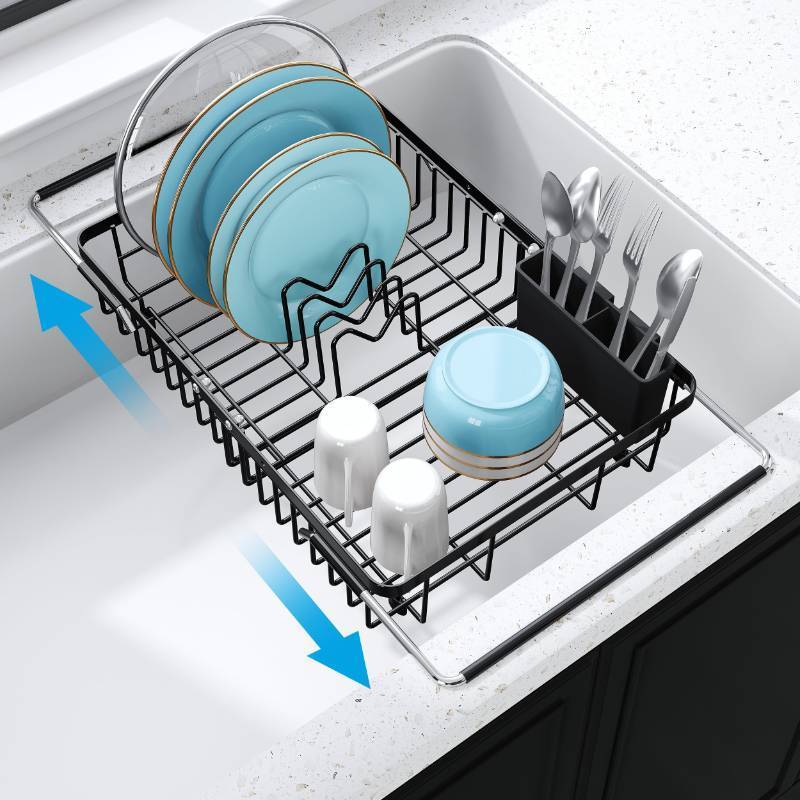 lot 3347 image: JASIWAY Expandable Stainless Steel Over The Sink Dish Drying Rack for Small Kitchen Counter Space Saving, Compact Black Plate Drainer Strainer, Adjustable Hanging Metal Dish Dryer with Utensil Holder - Retail $38