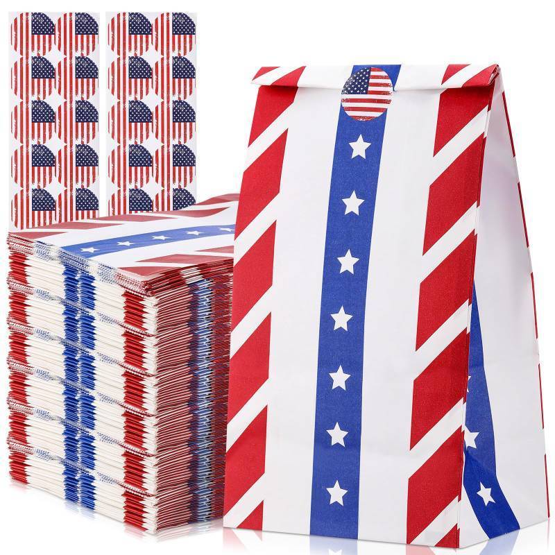 lot 3365 image: Kolldenn 120 Pcs Veterans Day Patriotic Treat Bags with Stickers 4th of July Party Favors American Flag Stars Stripes Treat Goodie Gift Bags for Memorial Day Party Decor Snack Supplies - Retail $20