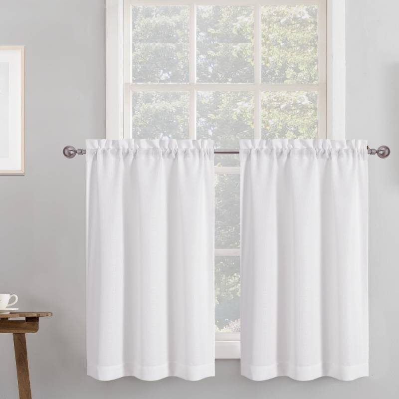lot 3386 image: Chyhomenyc 2 Panels White Kitchen Curtains 36 Inch Length Tier Curtain, Faux Linen Textured Small Cafe Curtain, Light Filtering Short Window Curtains for Bathroom Basement, 30x36 inch, 2PCS - Retail $10