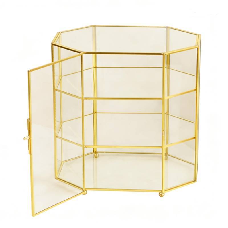 lot 3396 image: xieyaxie Elegant Glass Jewelry Display Box, 3-Tier with Gold Frame, Perfect Glass Case for Displaying Collectibles &amp Organizing Makeup, Multi-Functional Showcase - Retail $30