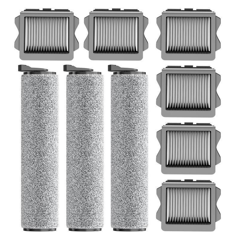 lot 3413 image: Nukisa Vacuum Mop Parts Compatible with Tineco Roller Brush Replacement, Suitable with ifloor 3 Series, Floor One S3 Series, iFLOOR 5 Breeze Complete, Set Includes 3 Roller Brushes and 6 Filters - Retail $30
