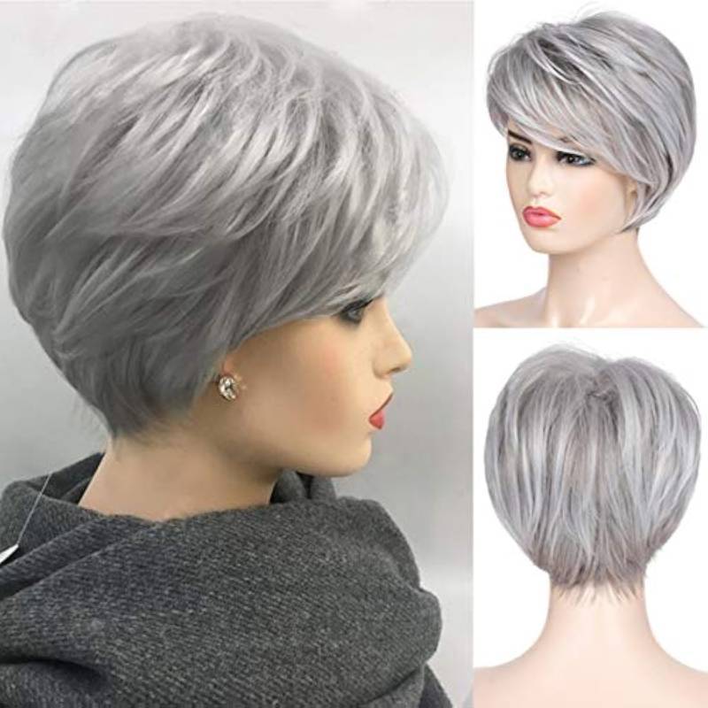lot 3493 image: Baruisi Grey Wig Short Layered Natural Synthetic Wig with Bangs Heat Resistant Replacement Hair Wig for Women - Retail $22