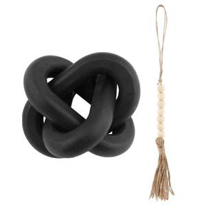 lot 4610 image: Quixleen Knot Decor Wood Knot Chain Link Decor with Fringed Wooden Bead Decoration Wood Chain Link Decor 3 Knot Hand Carved Natural Decorations for Home Living Room Bedroom(ColorBlack) - Retail $13