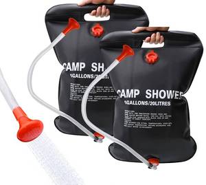 lot 4613 image: DkOvn 2 Pack Solar Shower Bag, 5 Gallons20L Camping Shower Bag, Portable Shower Bag with Removable Hose and On-Off Switchable Shower Head for Camping Beach Swimming Outdoor Traveling - Retail $12