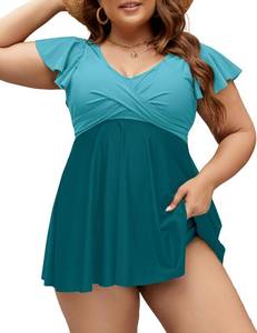 lot 4615 image: Edelqual Womens Plus Size Tankini Swimsuits Swim Dress Tummy Control Bathing Suits Two Piece Full Coverage High Waisted Modest Curvy Swimwear 2025(Color Block Blue,2XL) - Retail $34