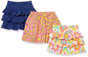 lot 4618 image: Amazon Essentials Toddler Girls Knitted Ruffle Scooter Skirts with Elastic Waist and Built in Shorts (Previously Spotted Zebra), Pack of 3, NavyPink CandyWhite Rainbow Print, 4T - Retail $26