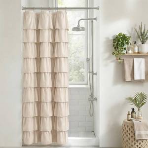 lot 4634 image: Seasonwood Small Beige Ruffle Shower Curtain Natura Farmhouse Vintage Handcrafted Rustic Decorative Fabric Shower Curtains for Bathroom, 36x72 - Retail $21