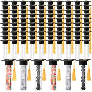 lot 4638 image: Leinuosen 100 Set Graduation Gumball Tubes Graduation Party Favors Include 100 Graduation Candy Container 100 Pcs Mini Graduation Caps with Gold Tassels Set for Grad Party Guest Supplies(Black)&nbsp