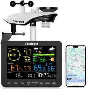 lot 4672 image: Sainlogic Smart WiFi Weather Station, Wireless Indoor Outdoor Weather Station with 247 Weather Forecast, Wind Speed, Rain Gauge, Alerts & 2-Year Data Export for Home Garden - Retail $170