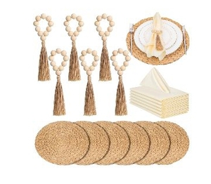 lot 4680 image: 18 Piece Boho Woven Placemat Set with Wood Bead Napkin Rings - Retail $25