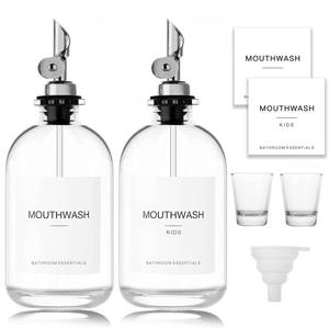lot 4685 image: HomeFeel Mouthwash Dispenser for Bathroom, 12.7 oz, 2 Pack - Glass Mouthwash Bottle with 304 Stainless Steel Spout & Minimalist Labels, Style Mouthwash Container, Silver - Retail $30