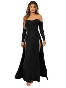 lot 4686 image: SweatyRocks Womens Elegant Off Shoulder Double High Slit Long Sleeve Dress A Line Maxi Dresses Black S - Retail $40