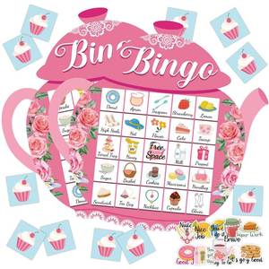 lot 4691 image: 39Pcs Tea Party Bingo Game for Adults 24 Players Floral Teapot Shape Bingo Cards with Reward Stickers for Family Friend Student Large Group Activities Garden Bridal Wedding Holiday Party Favors - Retail $12