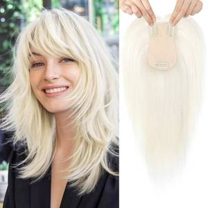 lot 4742 image: FLUFYMOOZ 100% Real Human Hair Toppers, 12 Inch Human Hair Toppers for Thinning Hair Large Hand-woven Area 360° Coverage Natural Hairpiece Wiglet for Women Daily 5x3 Silk Base (Pale Platinum Blonde) - Retail $60