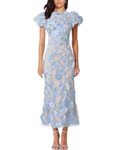 lot 4744 image: Womens 3D Floral Embroidery Dress Ruffle Sleeve Fishtail Lace Bodycon Party Cocktail Mixi Dress (US, Alpha, Large, Regular, Regular, Sky Blue) - Retail $101
