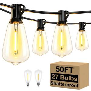 lot 4757 image: Brightever 50FT Outdoor String Lights Waterproof, 2700K Bright LED Patio Lights with 27 ST38 Shatterproof Vintage Bulbs, Retro Connectable Edison String Lights for Outside, Garden, Balcony, Porch - Retail $27