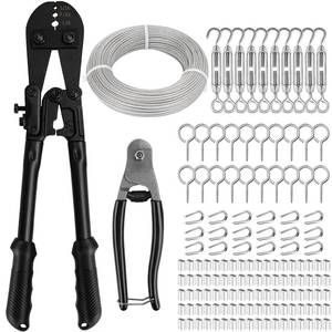 lot 4796 image: TooTaci 18 Wire Rope Kit with 200ft Vinyl Coated Stainless Steel Cable, Wire Rope Crimping Tool & Cutter, Turnbuckles for Cables Wires, Hanging Clothes, String Lights Hanging - Retail $80