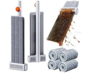 lot 57821 image: Self Wringing Microfiber Mop - Hands-Free Flat Mop with Wringing Blade  Aluminum Panel, Wet Dry for Apartment, Tiny Home, Windows, Wall, Hardwood, Laminate, Tile, Vinyl, 4 Reusable Pads - Retail $13